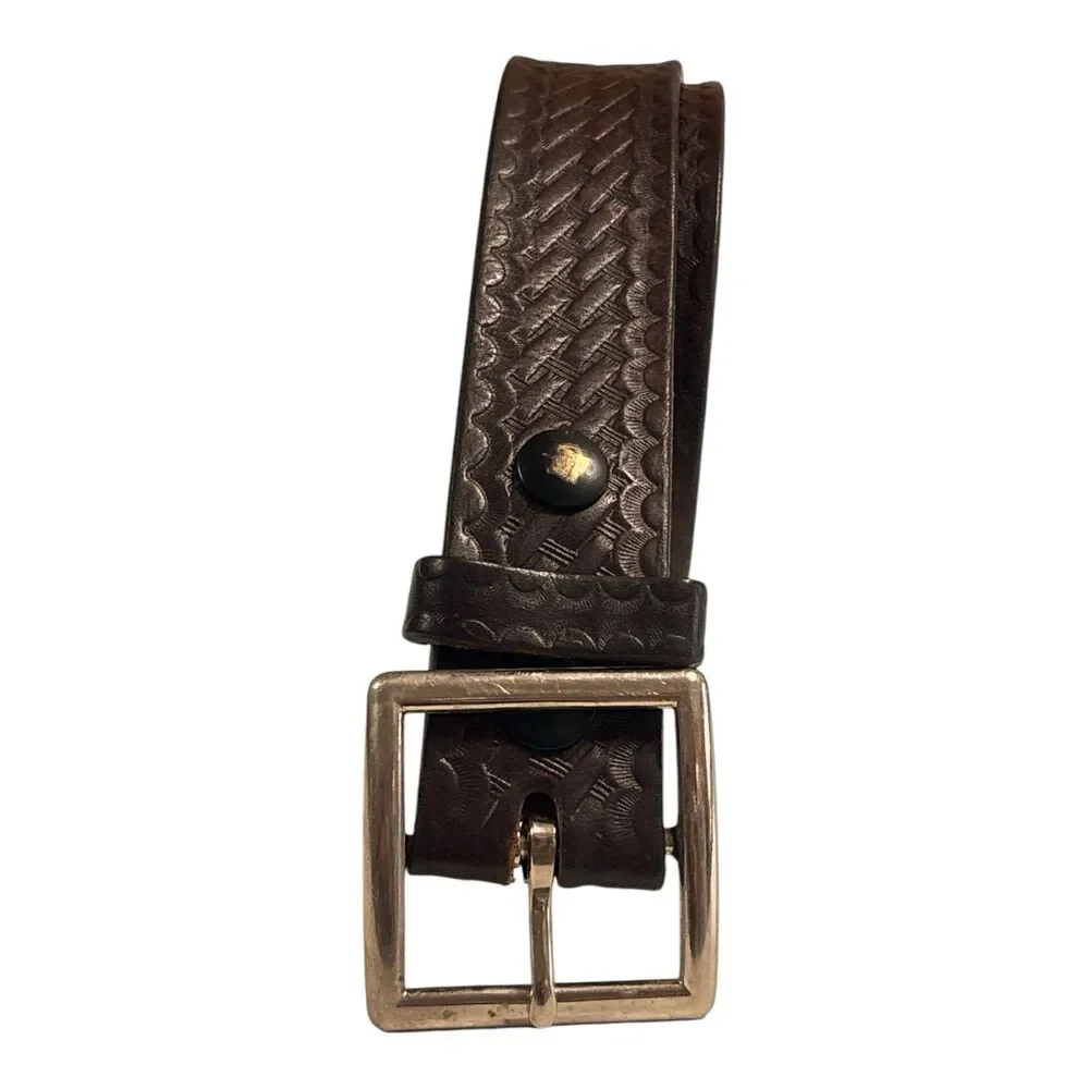 Duluth Trading Co Mens Brown Leather Embossed Basketweave Service Belt 36